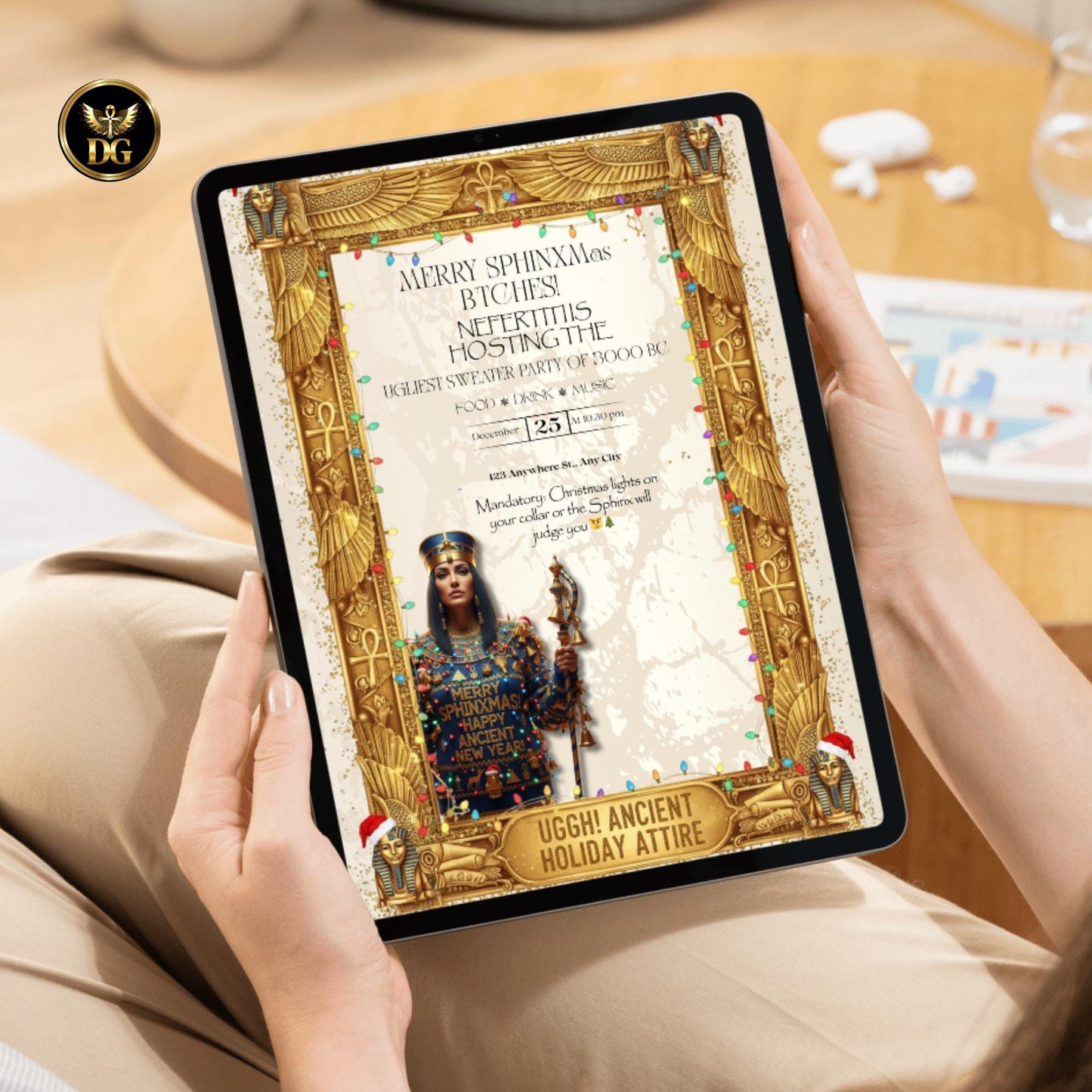 King Tut's Ugly Sweater Party! Golden Egyptian Christmas Invitation. Instant Digital Download for Your Legendary Holiday Party!