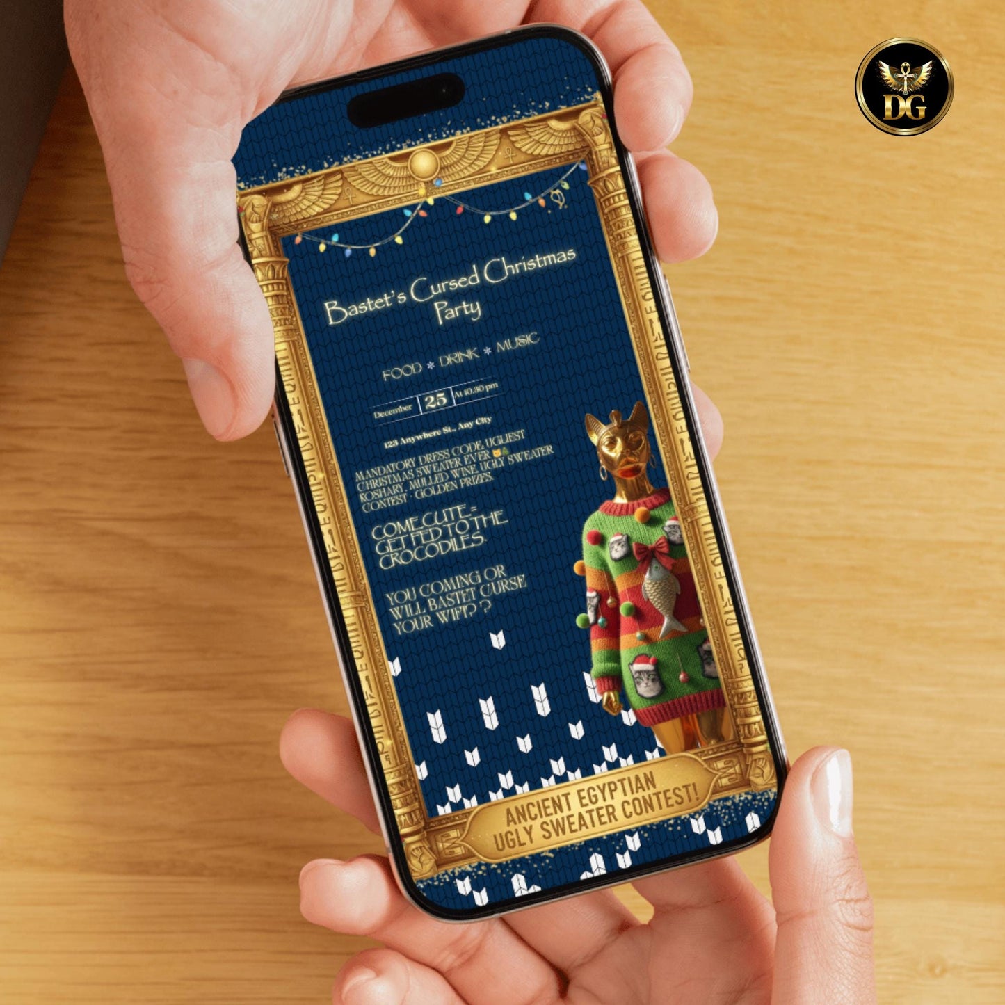 Bastet's Cursed Christmas Party Invite - Ugly Sweater Egyptian Theme Digital Download Print