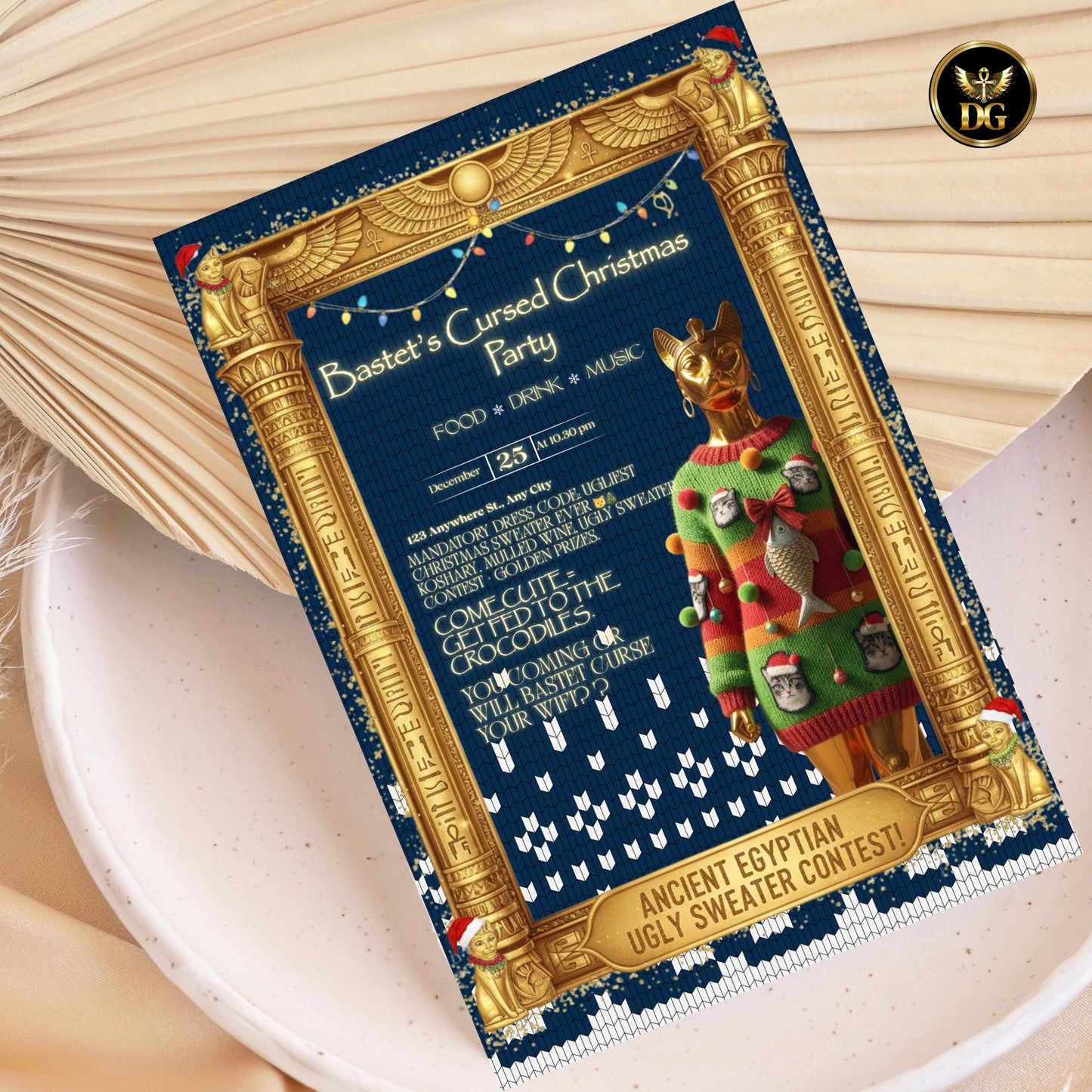 Bastet's Cursed Christmas Party Invite - Ugly Sweater Egyptian Theme Digital Download Print