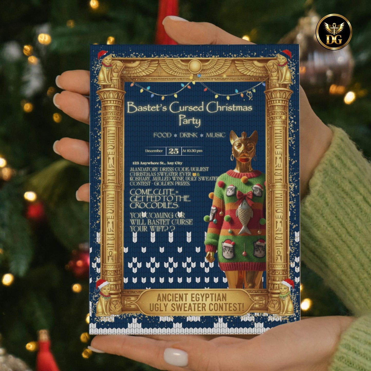 Bastet's Cursed Christmas Party Invite - Ugly Sweater Egyptian Theme Digital Download Print