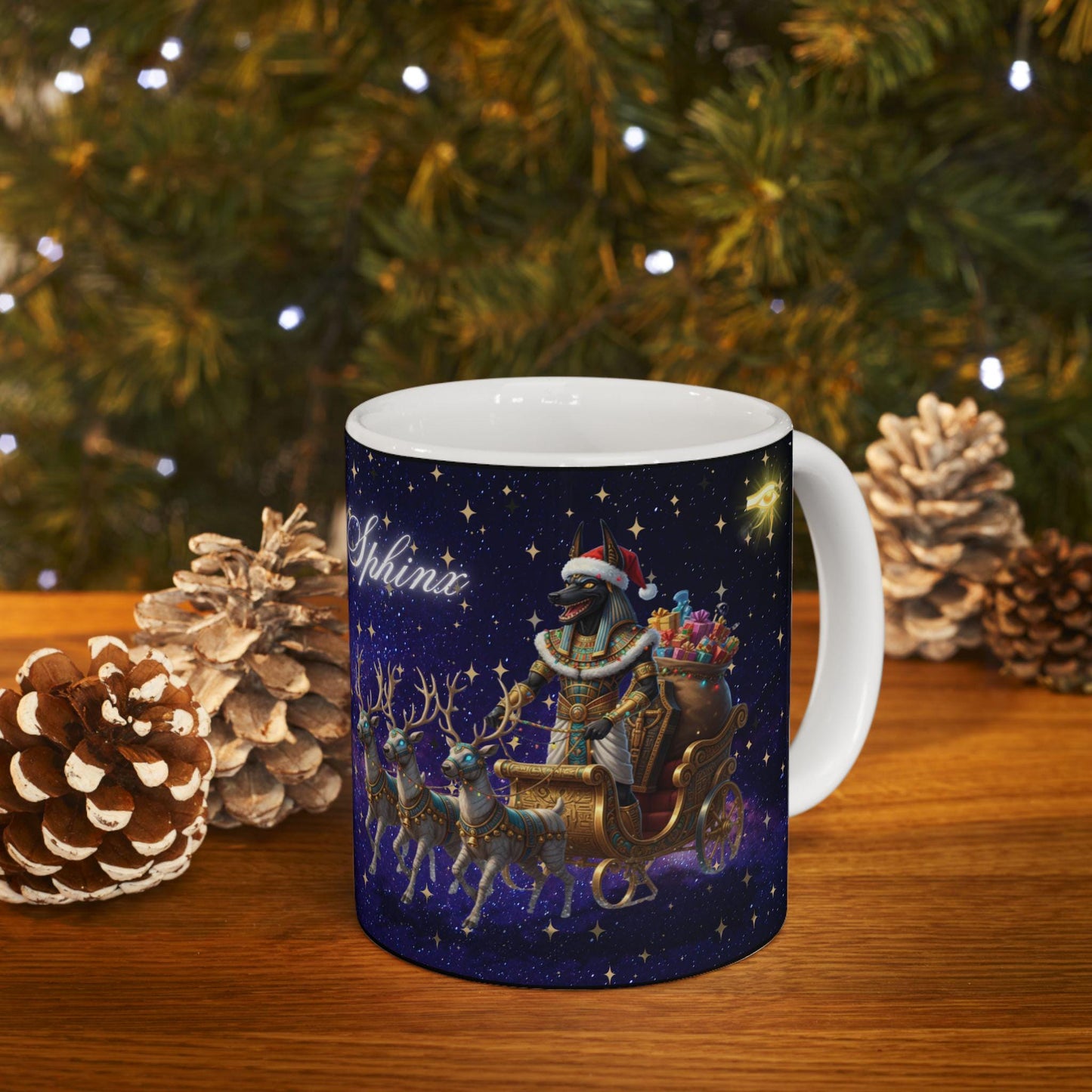 Egyptian Christmas Mug - Anubis Santa Sphinx Holiday Cup - Unique Pharaoh Christmas GiftMerry Sleigh Night reindeer sleigh Mug | Christmas