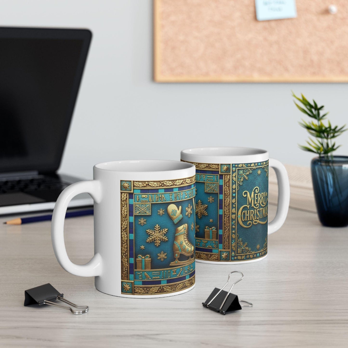 Vintage Ice Skates Christmas Mug | Holiday Snowflake Ceramic MugGilded Holiday Mug with Egyptian Blue & Pharaonic Accents
