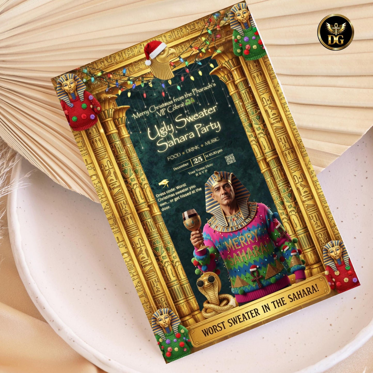 Ugly Christmas Sweater Party Invitation, Editable Egyptian Pharaoh Template, Sahara Xmas Digital Download, Snake Theme Holiday Invite