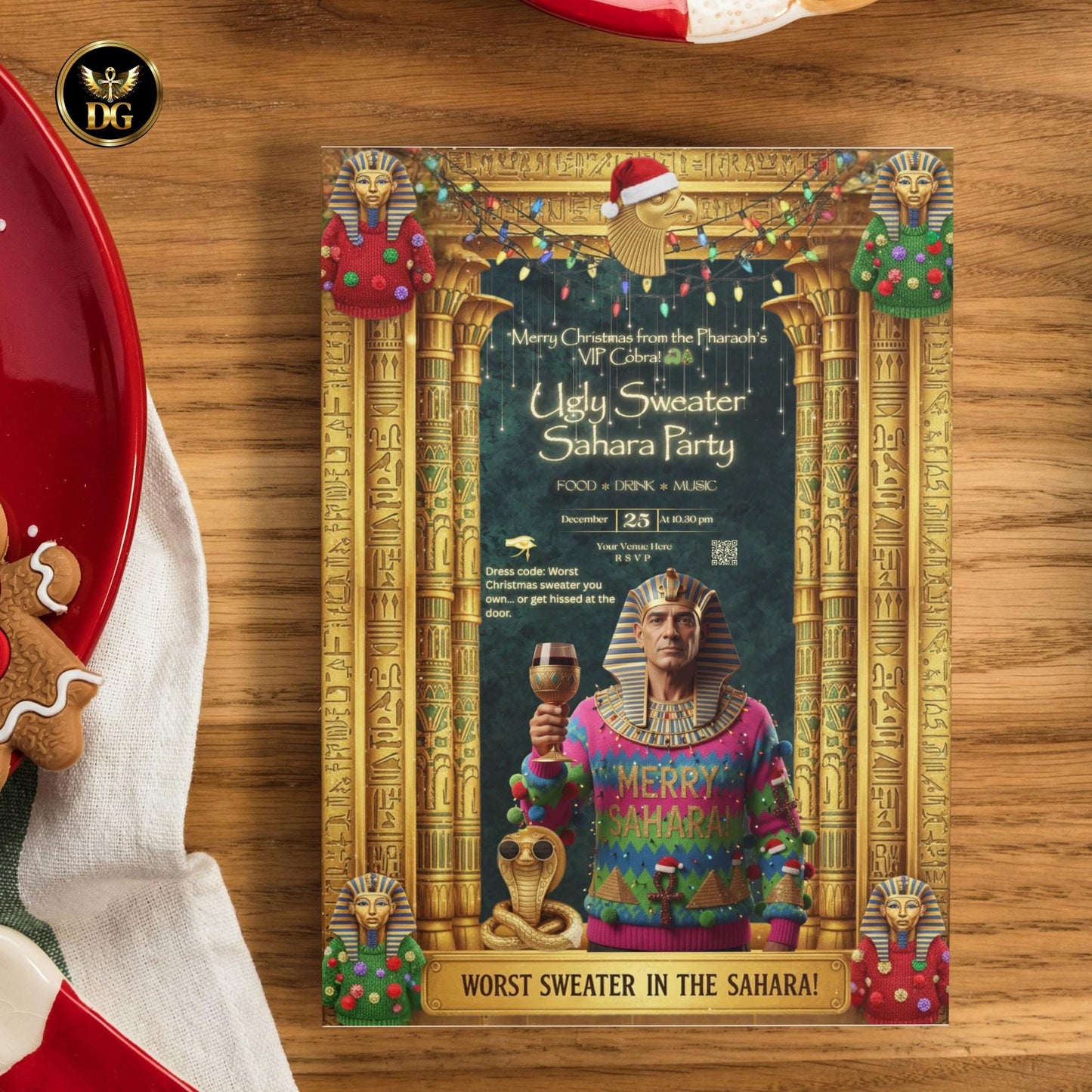 Ugly Christmas Sweater Party Invitation, Editable Egyptian Pharaoh Template, Sahara Xmas Digital Download, Snake Theme Holiday Invite