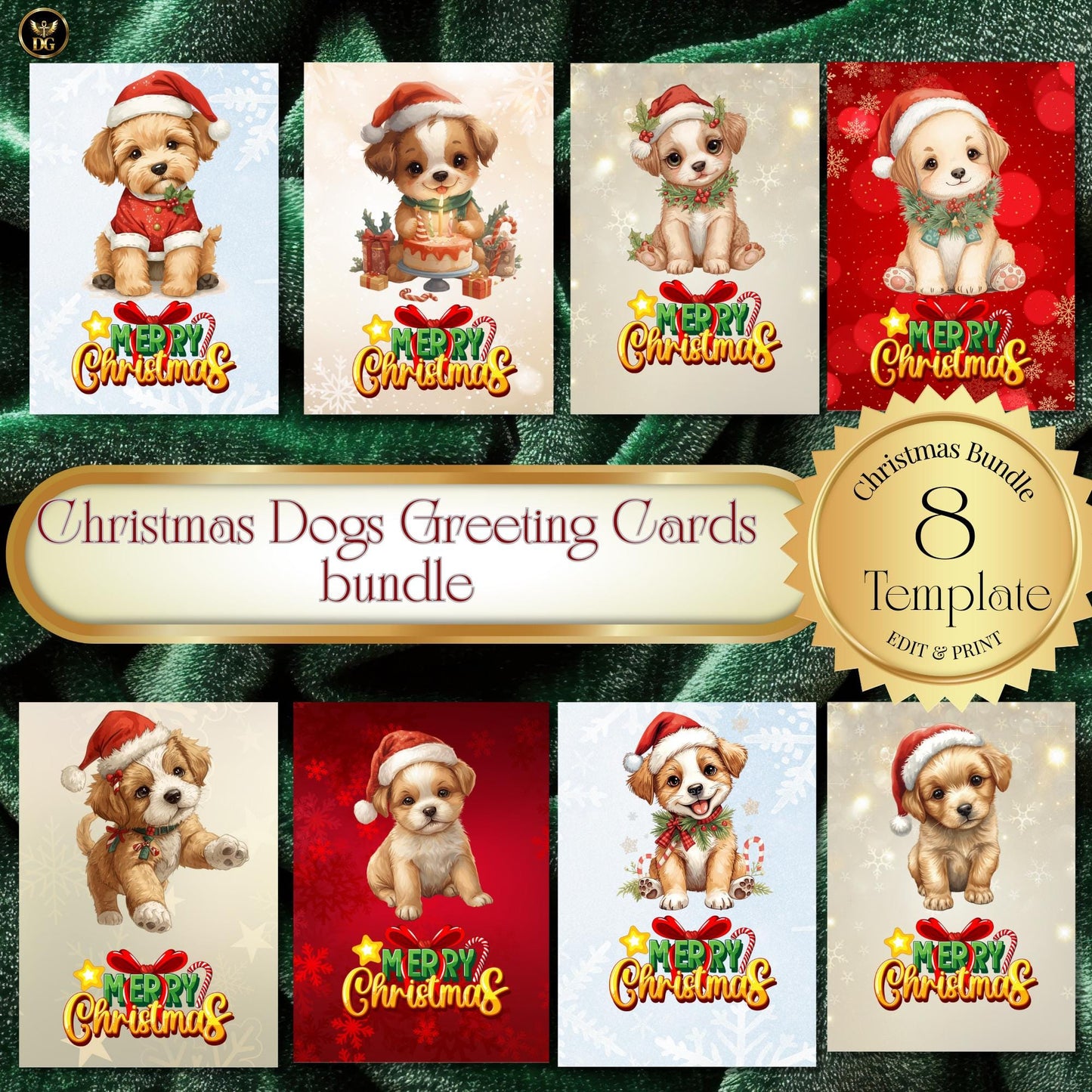 Bundle of 8 Adorable Christmas Dog Greeting Cards – Editable Canva Templates – Instant Digital Download