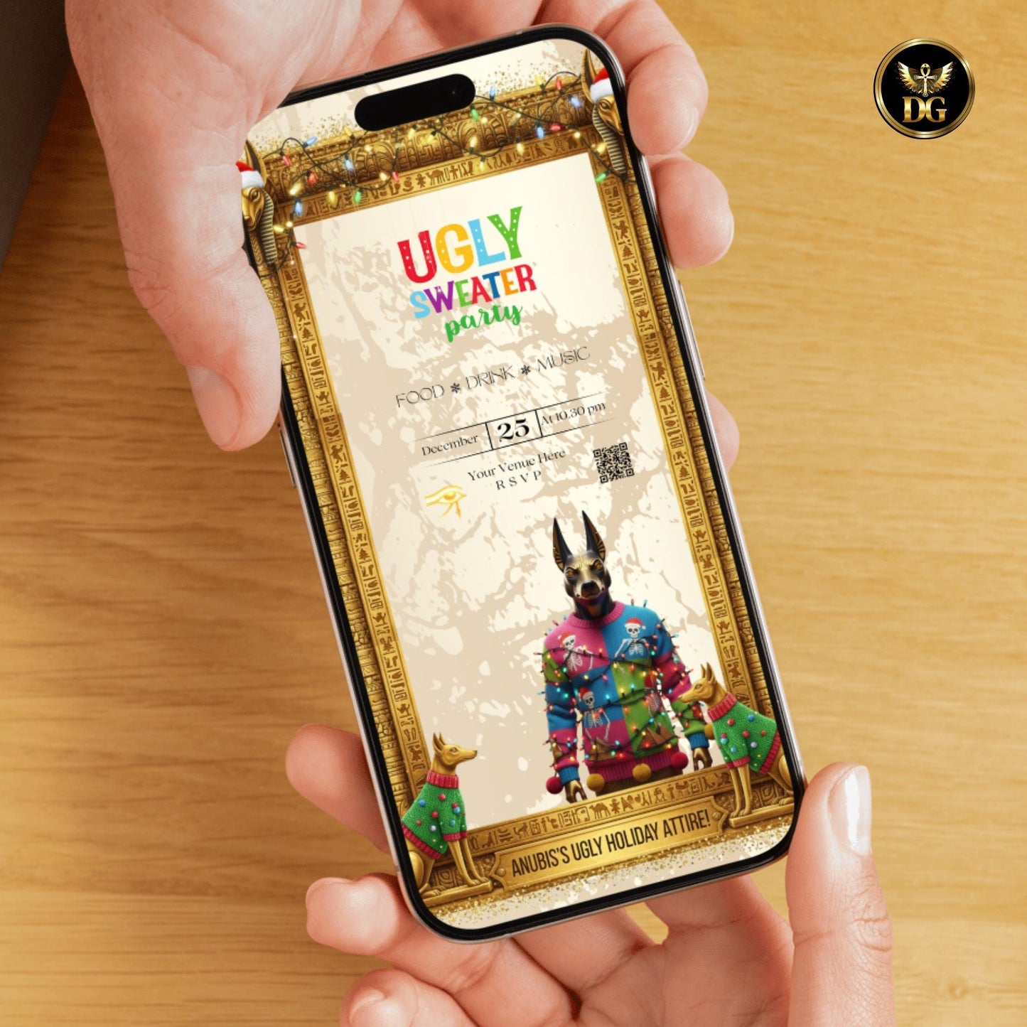 Gold Anubis Christmas Sweater Party Invitation | Egyptian Holiday Template | Ugly Sweater Printable Download
