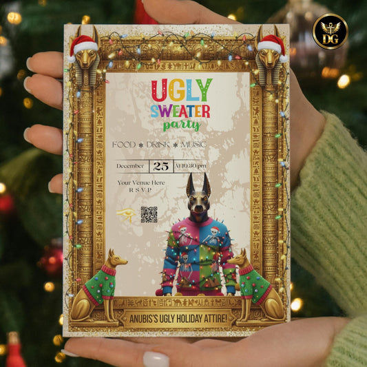 Gold Anubis Christmas Sweater Party Invitation | Egyptian Holiday Template | Ugly Sweater Printable Download