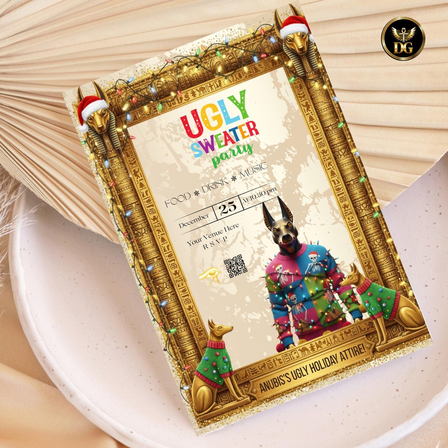 Gold Anubis Christmas Sweater Party Invitation | Egyptian Holiday Template | Ugly Sweater Printable Download