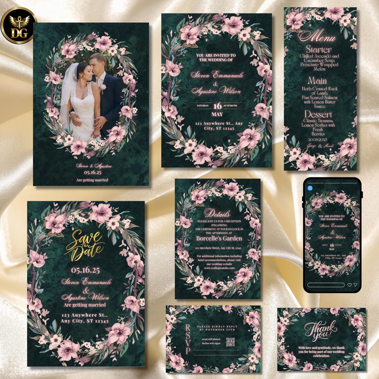 Emerald Velvet Wedding Suite Pink Floral Wreath Invitation Editable Canva Templates Luxury Green Wedding Bundle Elegant Printable Stationery