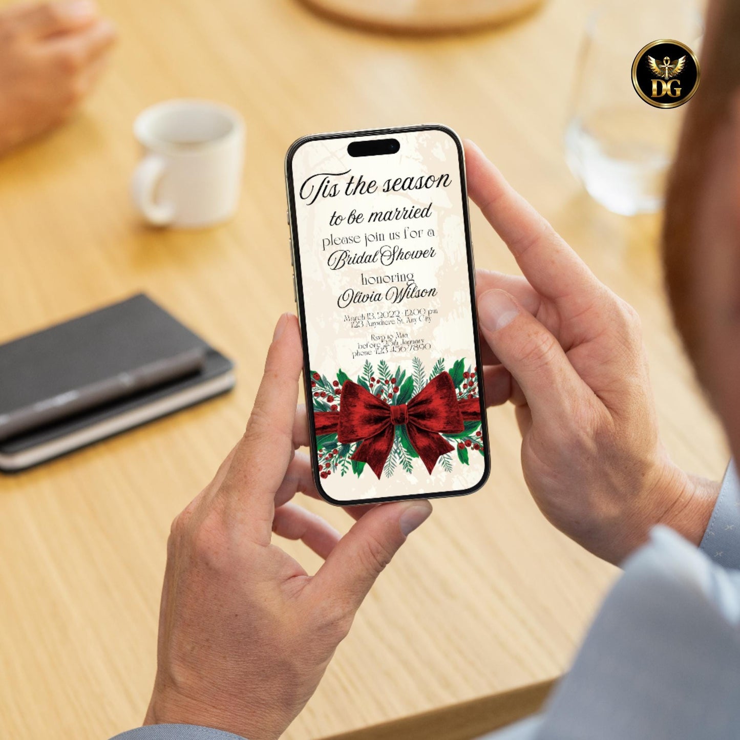 Tis The Season to Be Married Christmas Bridal Shower Bundle Luxe Velvet Red Bow, Evergreen Berries, Cream Gold, Canva Editable