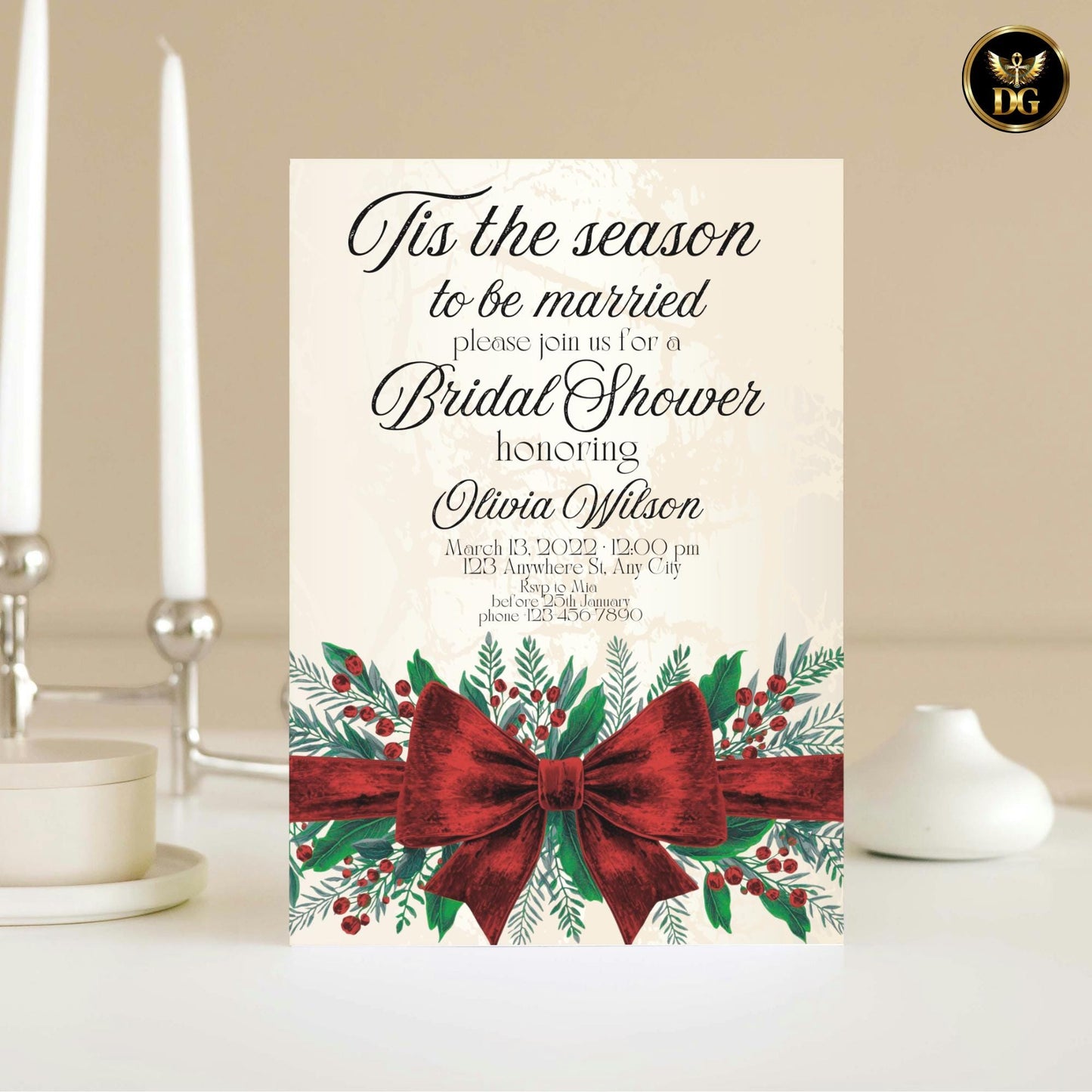 Tis The Season to Be Married Christmas Bridal Shower Bundle Luxe Velvet Red Bow, Evergreen Berries, Cream Gold, Canva Editable