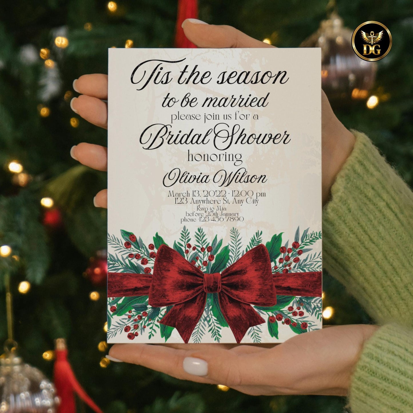 Tis The Season to Be Married Christmas Bridal Shower Bundle Luxe Velvet Red Bow, Evergreen Berries, Cream Gold, Canva Editable