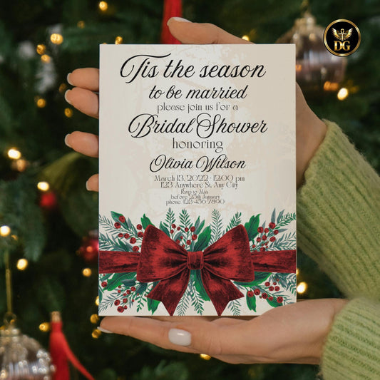 Tis The Season to Be Married Christmas Bridal Shower Bundle Luxe Velvet Red Bow, Evergreen Berries, Cream Gold, Canva Editable