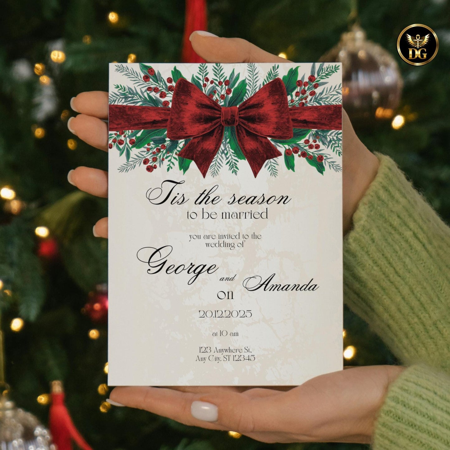 Christmas Wedding Invitation Suite Luxe Velvet Red Bow Evergreen Berries Cream Gold ’Tis the Season to Be Married Printable + Digital