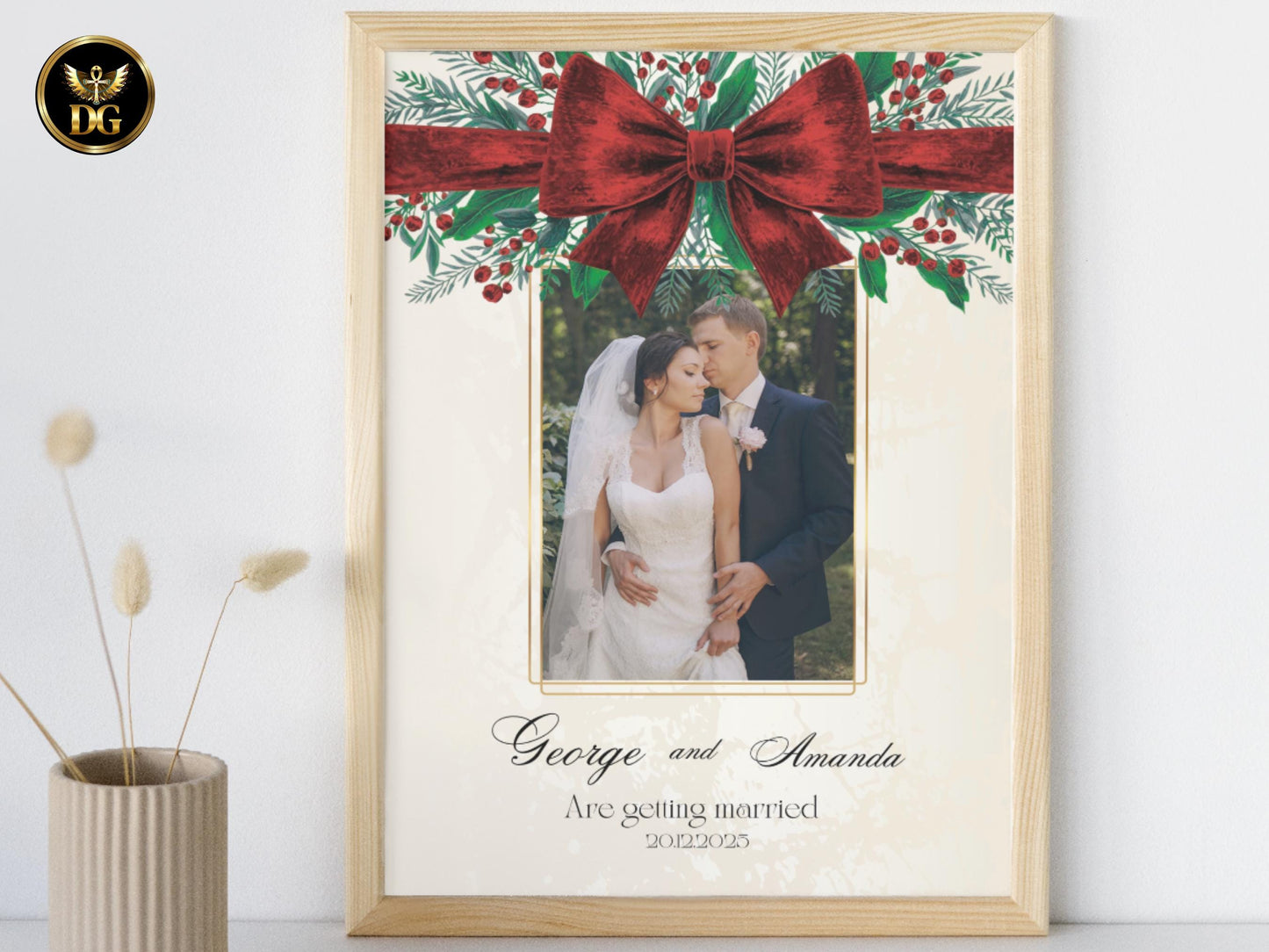 Christmas Wedding Invitation Suite Luxe Velvet Red Bow Evergreen Berries Cream Gold ’Tis the Season to Be Married Printable + Digital