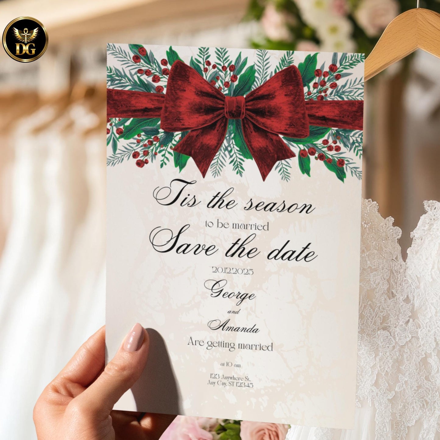 Christmas Wedding Invitation Suite Luxe Velvet Red Bow Evergreen Berries Cream Gold ’Tis the Season to Be Married Printable + Digital
