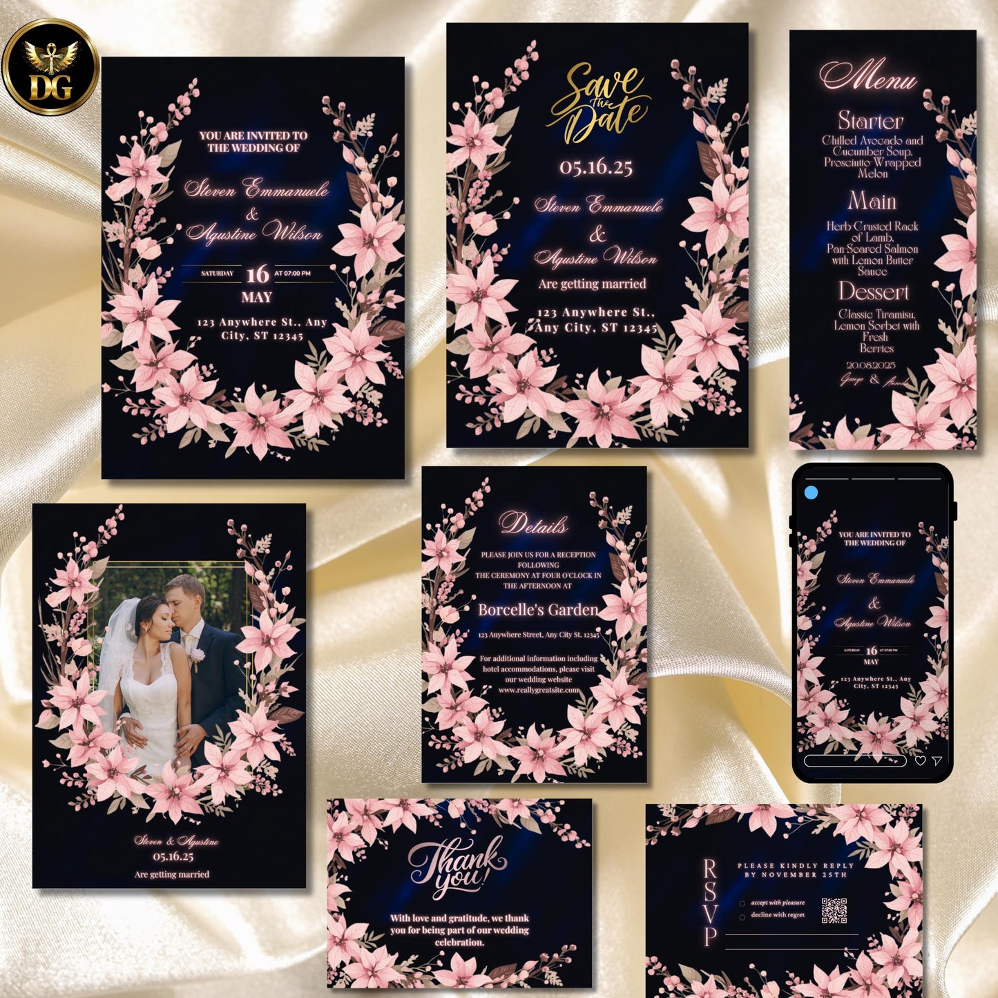 Dusty Pink & Navy Velvet Wedding Bundle | Christmas Poinsettia Floral Suite Editable Canva Invitation Set | Winter Holiday Wedding Templates