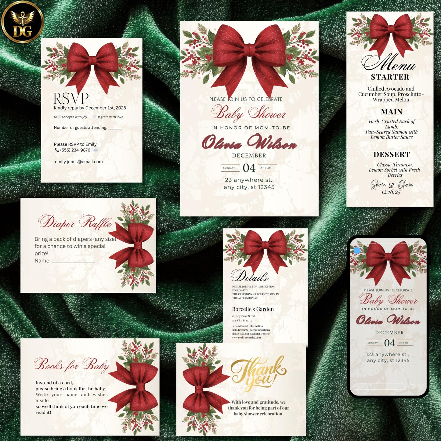 Christmas Baby Shower Invitation Luxe Velvet Red Bow Photo Space Evergreen Berries Cream Gold Tis the Season Little Bundle Printable Digital