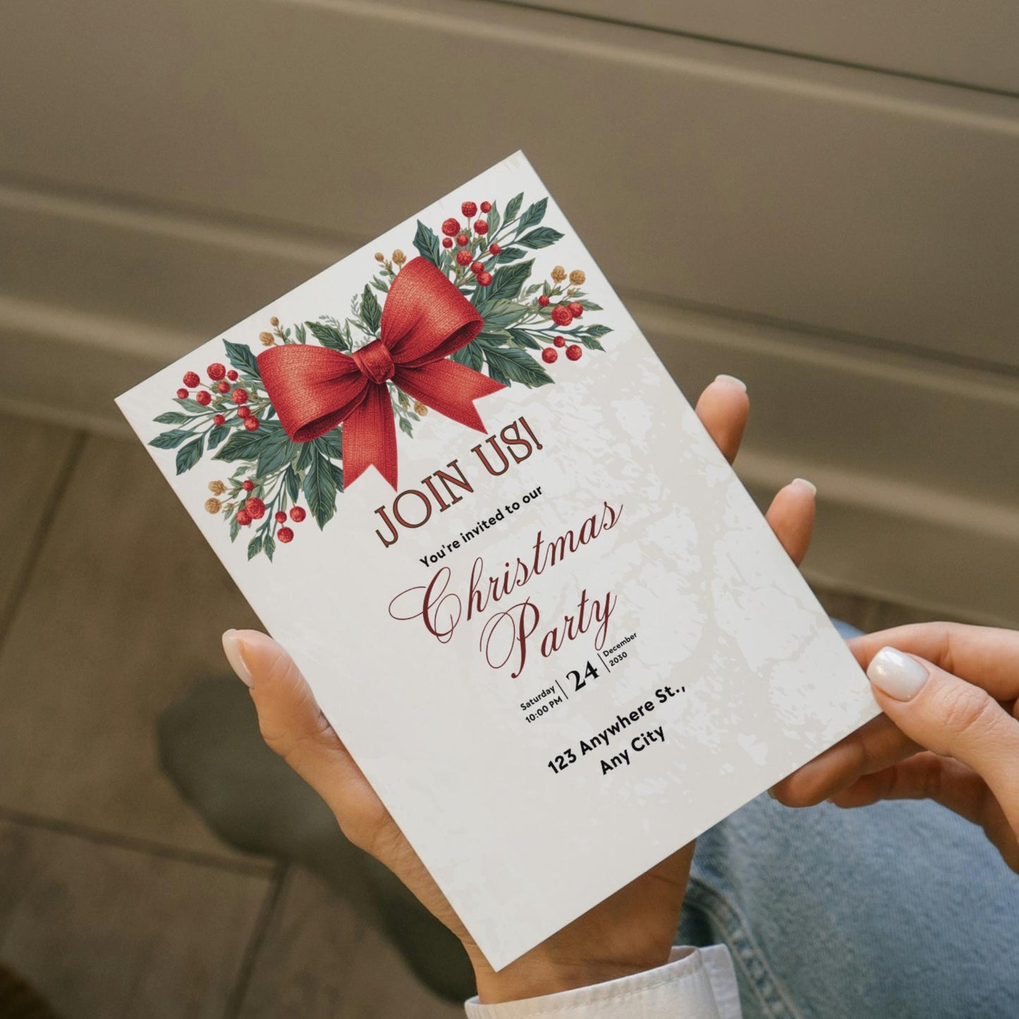 Elegant Christmas Eve Party Invitation Bundle Luxe Velvet Bow Cream Gold New Design 5x7 Printable + Digital Holiday Soirée Set