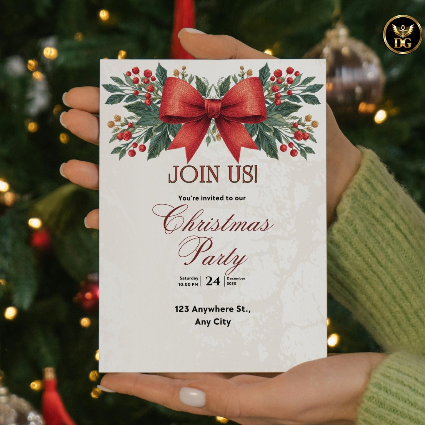 Elegant Christmas Eve Party Invitation Bundle Luxe Velvet Bow Cream Gold New Design 5x7 Printable + Digital Holiday Soirée Set