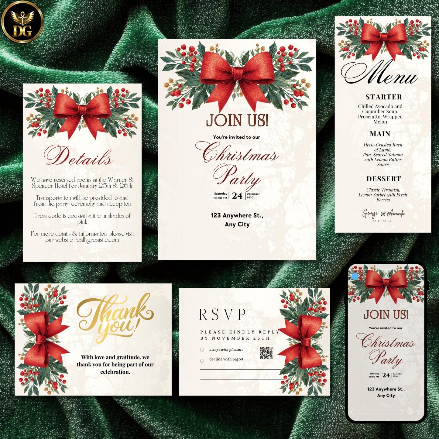 Elegant Christmas Eve Party Invitation Bundle Luxe Velvet Bow Cream Gold New Design 5x7 Printable + Digital Holiday Soirée Set