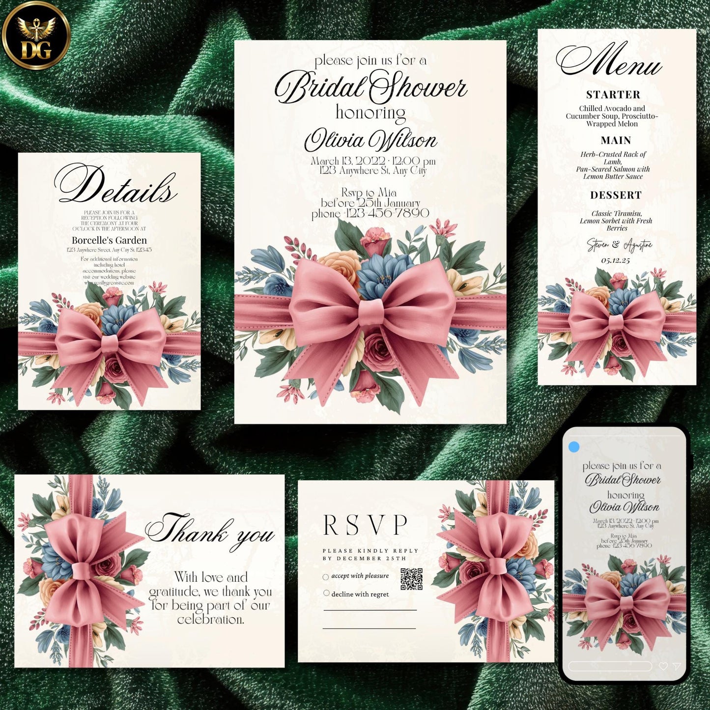 Blush Pink Bow Bridal Shower Invitation Bundle Cream Gold Floral Template | Editable Canva Wedding Shower Invite | Printable Stationery Set