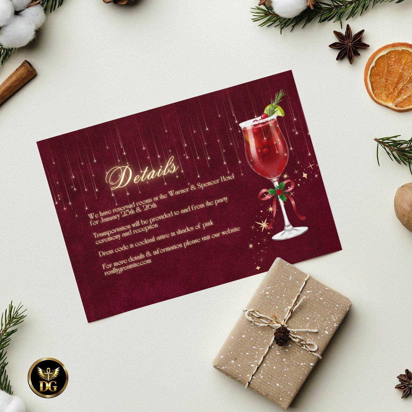 Burgundy Crimson Velvet & Golden Sparkle Cocktail Party Invitation bundle | Luxury Christmas Canva Template for Elegant Holiday Celebration