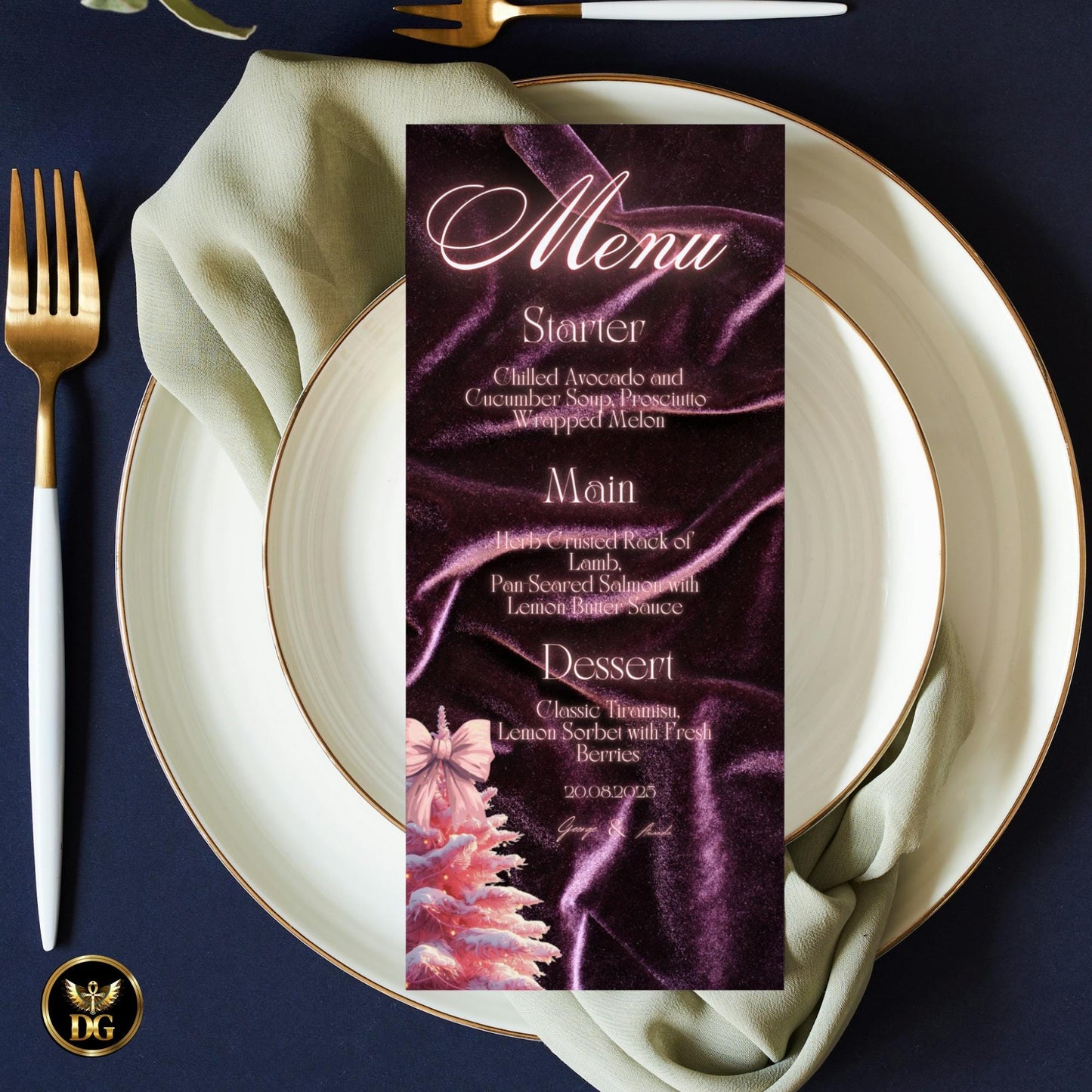 Deep Purple Velvet & Pink Christmas Tree Wedding Invitation Suite | Luxury Winter Wedding Canva Template | It’s Season to Be Married