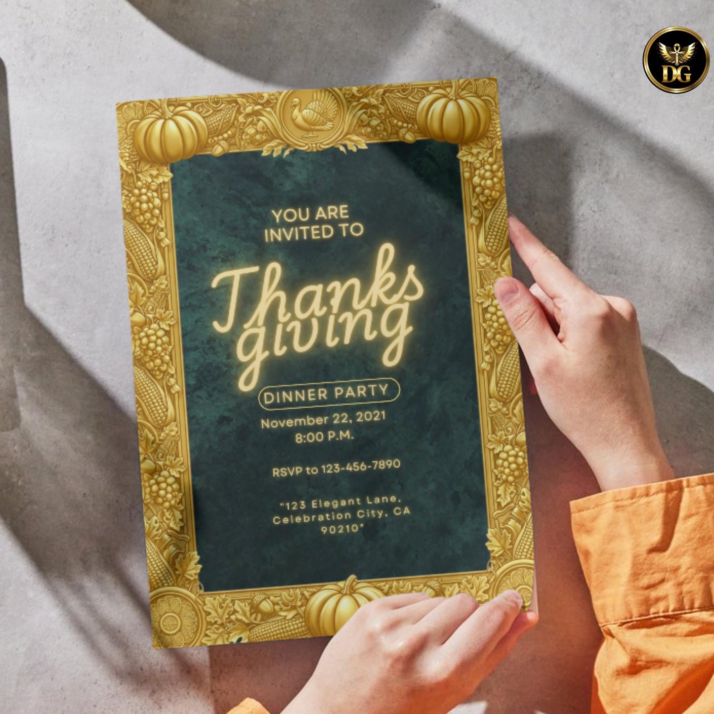 Elegant Emerald Velvet Thanksgiving Dinner Invitation Luxury Green Velvet & Gold Frame Canva Template Autumn Harvest  Friendsgiving Invite