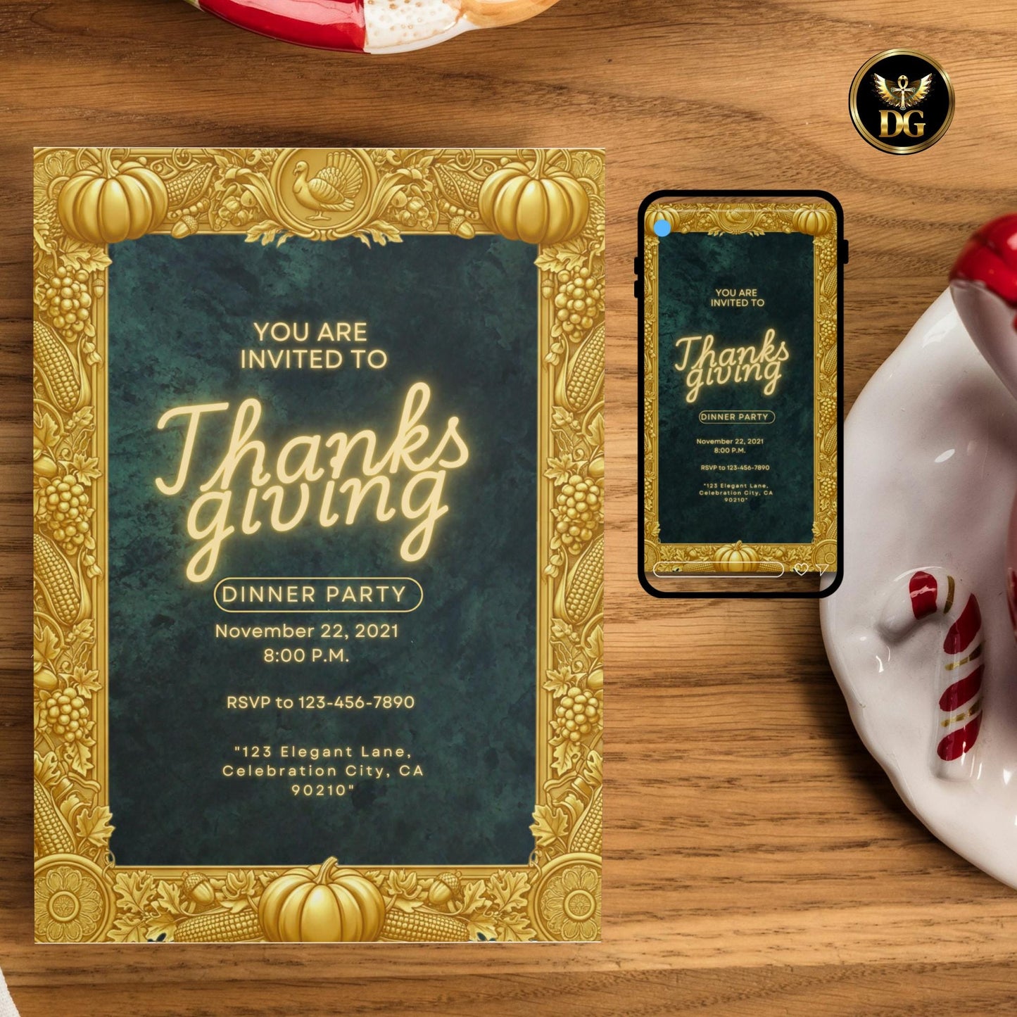 Elegant Emerald Velvet Thanksgiving Dinner Invitation Luxury Green Velvet & Gold Frame Canva Template Autumn Harvest  Friendsgiving Invite