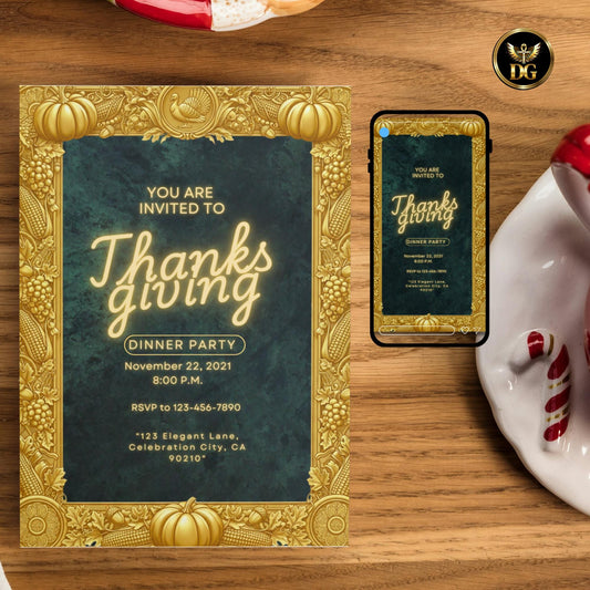 Elegant Emerald Velvet Thanksgiving Dinner Invitation Luxury Green Velvet & Gold Frame Canva Template Autumn Harvest  Friendsgiving Invite