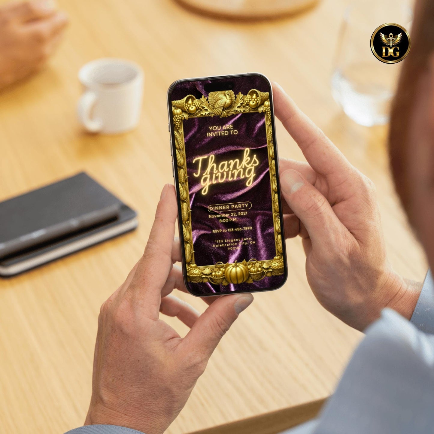 Elegant Deep Purple Velvet Thanksgiving Invitation | Luxury Gold Frame Harvest Invite | Canva Template with Turkey & Cornucopia Design Extra