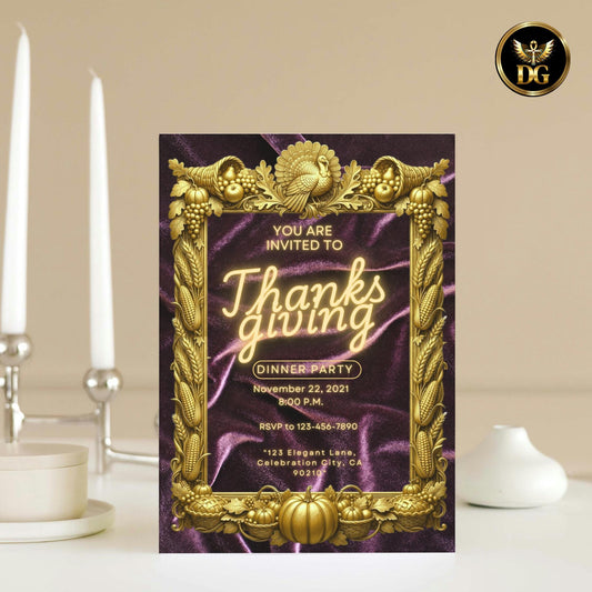 Elegant Deep Purple Velvet Thanksgiving Invitation | Luxury Gold Frame Harvest Invite | Canva Template with Turkey & Cornucopia Design Extra