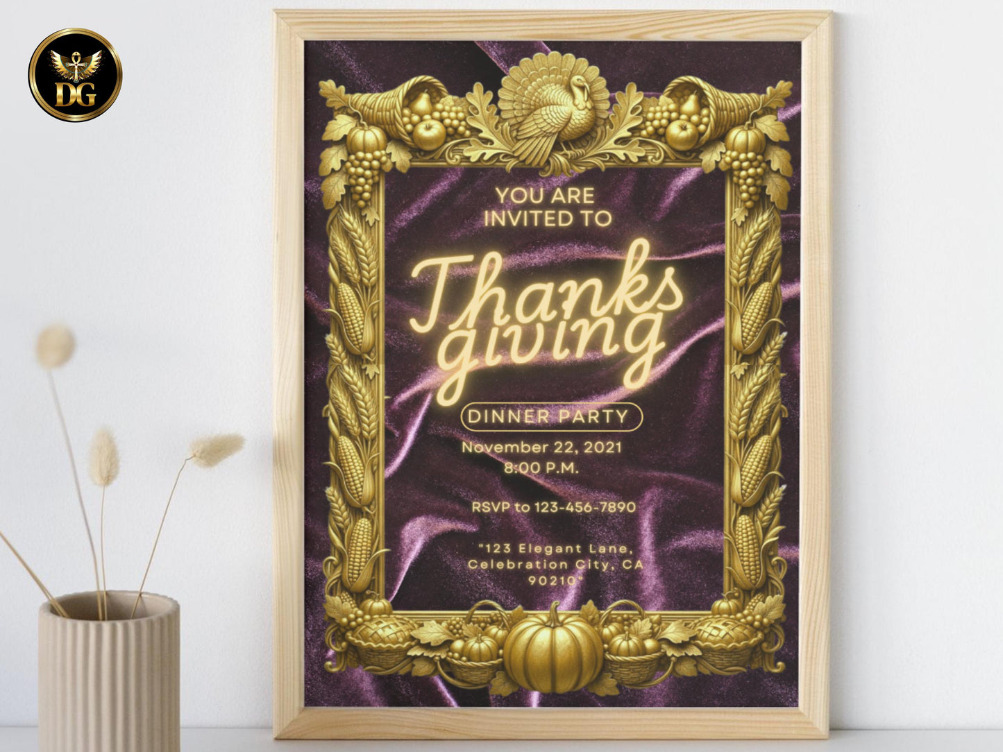 Elegant Deep Purple Velvet Thanksgiving Invitation | Luxury Gold Frame Harvest Invite | Canva Template with Turkey & Cornucopia Design Extra