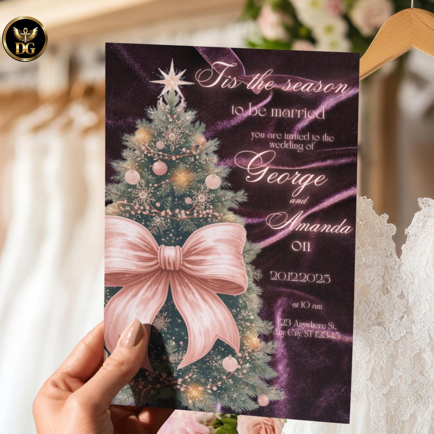 Deep Purple Velvet Christmas Wedding Invitation | Green Tree & Pink Bow | Elegant Winter Holiday Canva Template | Luxury Wedding Suite