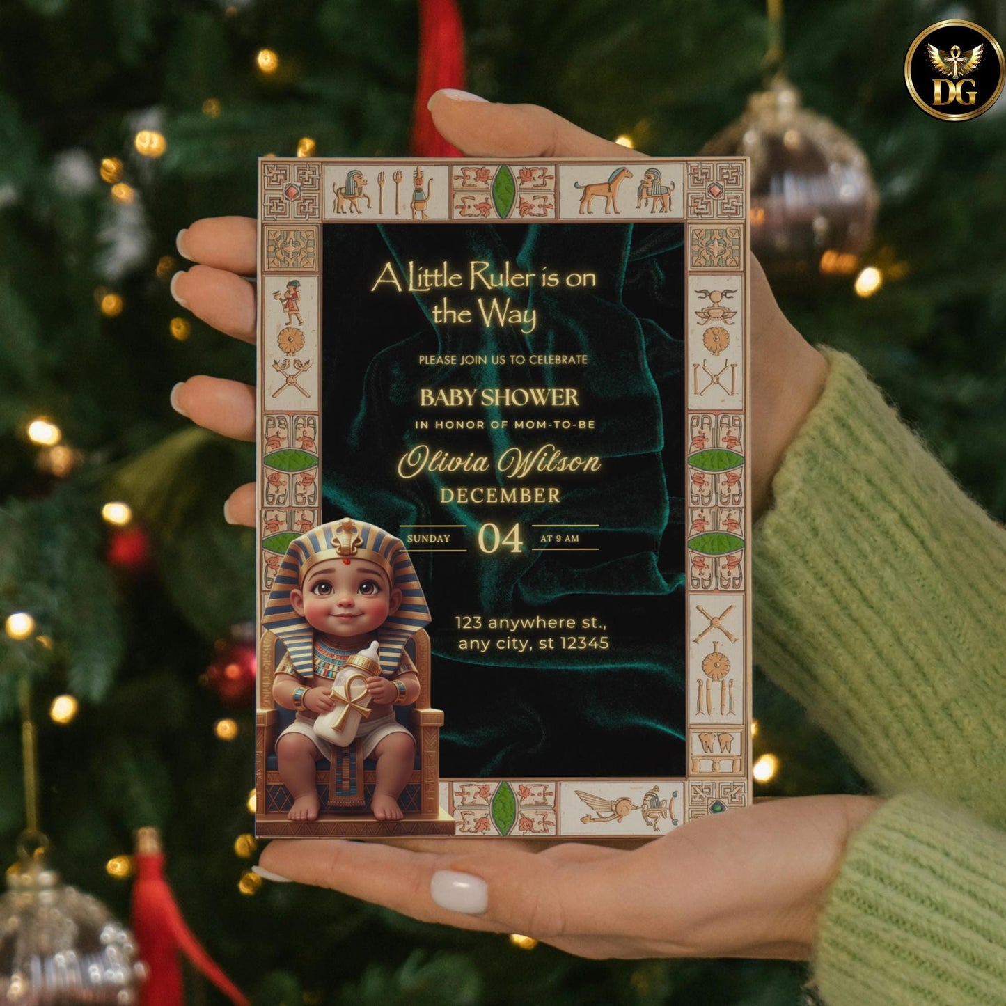 A Little Ruler Baby Shower | Royal Egyptian Pharaoh Invitation Suite, Emerald velvet Gold Theme, Digital & Printable"