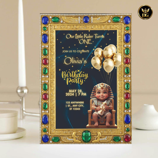 Our Little Ruler Turns ONE Royal Egyptian First Birthday Invitation, Editable Canva Template, Pharaoh Baby Party, Navy Gold Digital Invite