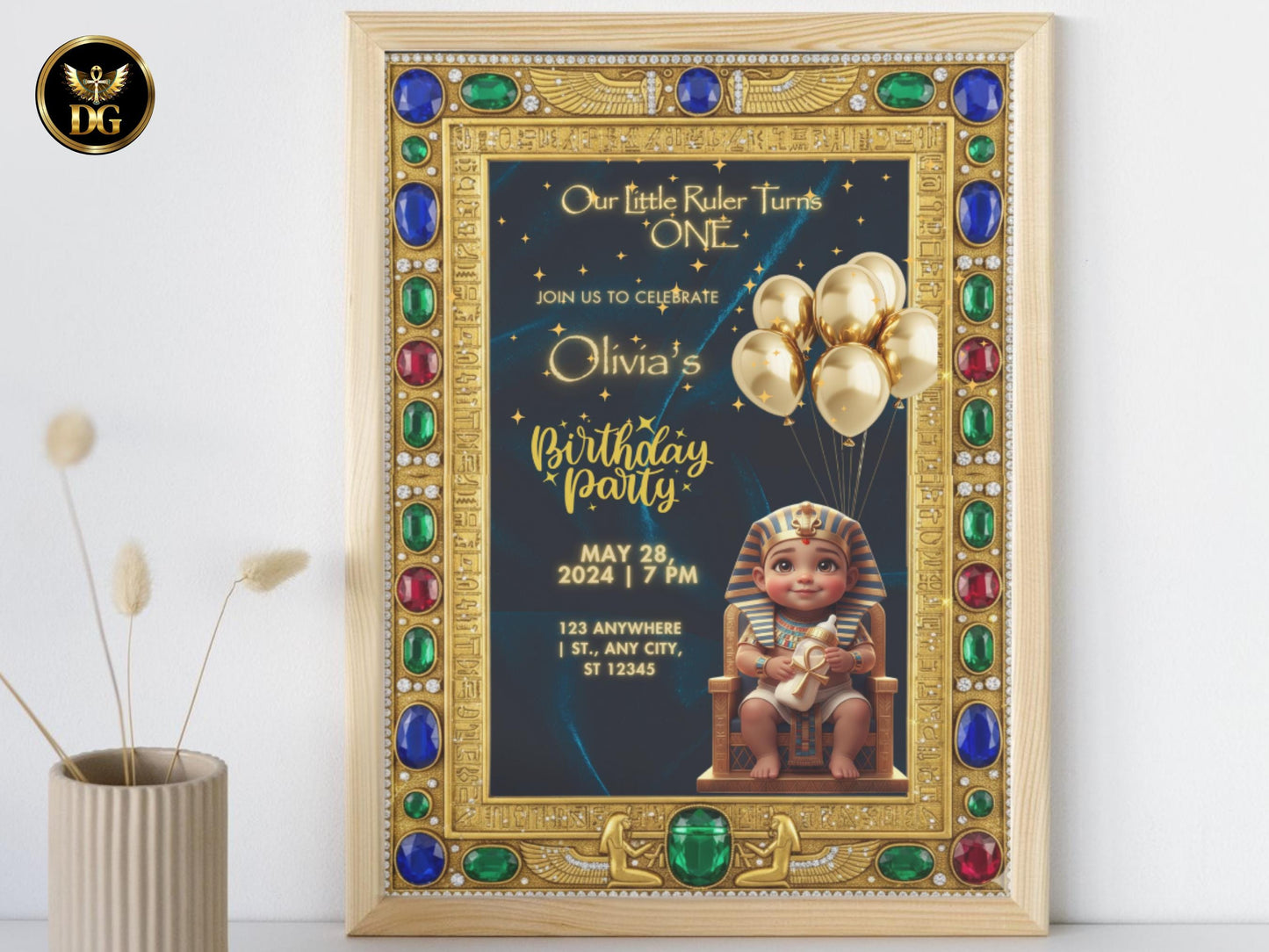 Our Little Ruler Turns ONE Royal Egyptian First Birthday Invitation, Editable Canva Template, Pharaoh Baby Party, Navy Gold Digital Invite