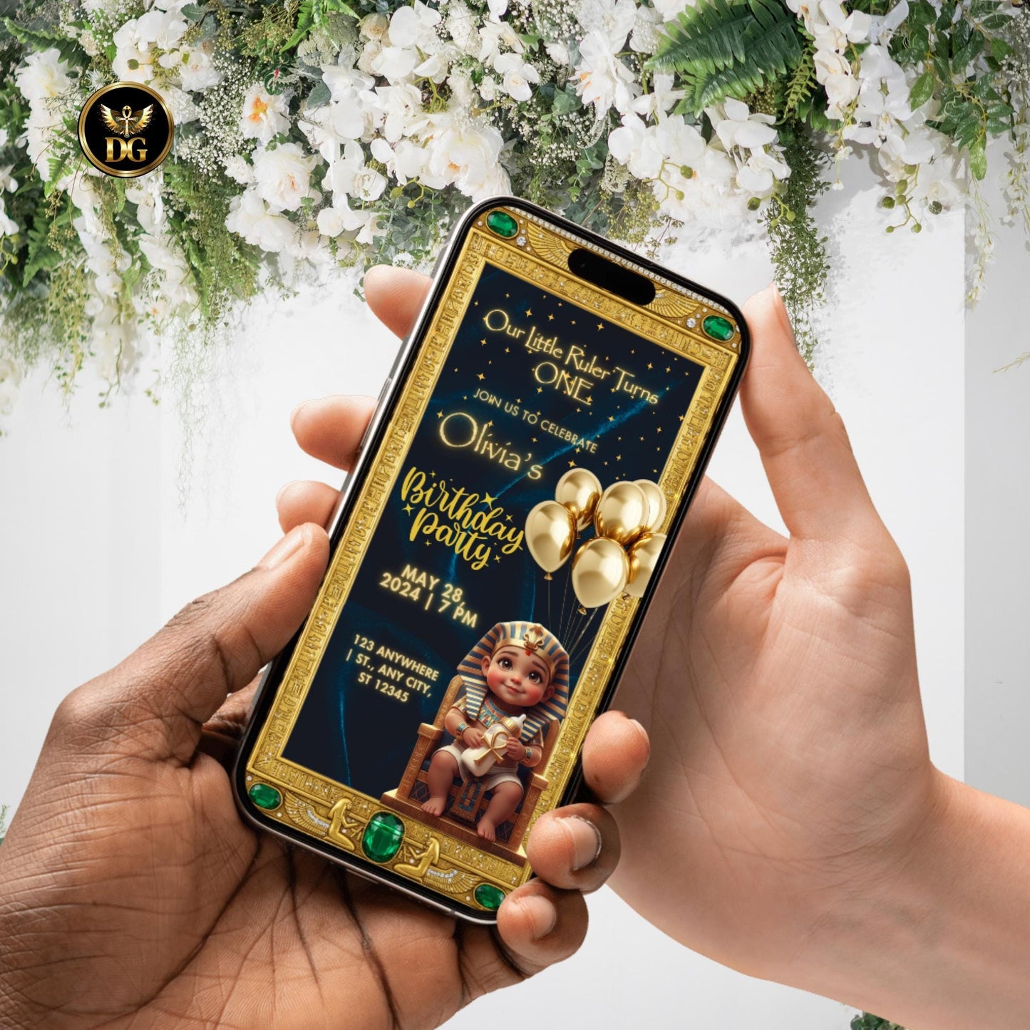 Our Little Ruler Turns ONE Royal Egyptian First Birthday Invitation, Editable Canva Template, Pharaoh Baby Party, Navy Gold Digital Invite