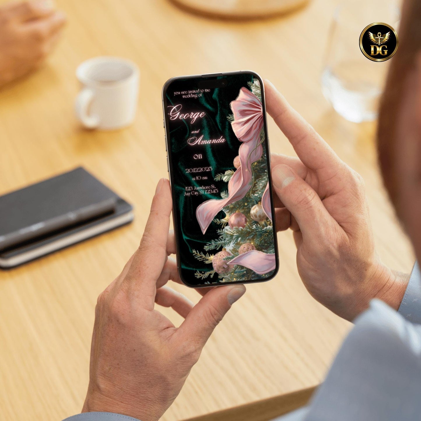 Emerald Velvet Winter Wedding Invitation - Luxe Christmas Tree, Pink Ornaments big bow on Royal Emerald Velvet - Pure Holiday Magic!