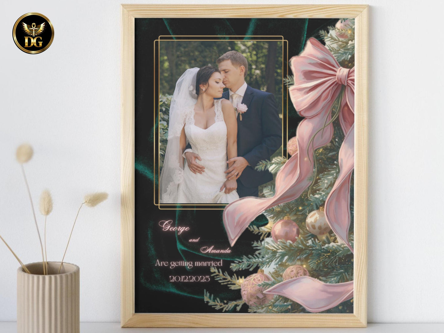 Emerald Velvet Winter Wedding Invitation - Luxe Christmas Tree, Pink Ornaments big bow on Royal Emerald Velvet - Pure Holiday Magic!