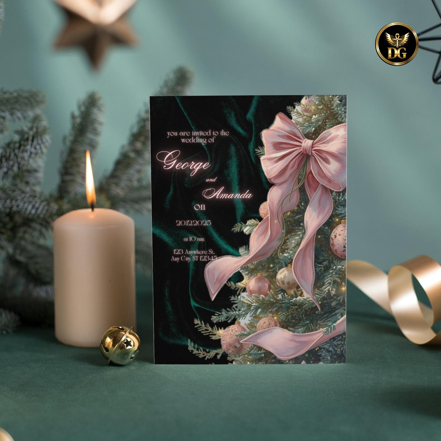 Emerald Velvet Winter Wedding Invitation - Luxe Christmas Tree, Pink Ornaments big bow on Royal Emerald Velvet - Pure Holiday Magic!