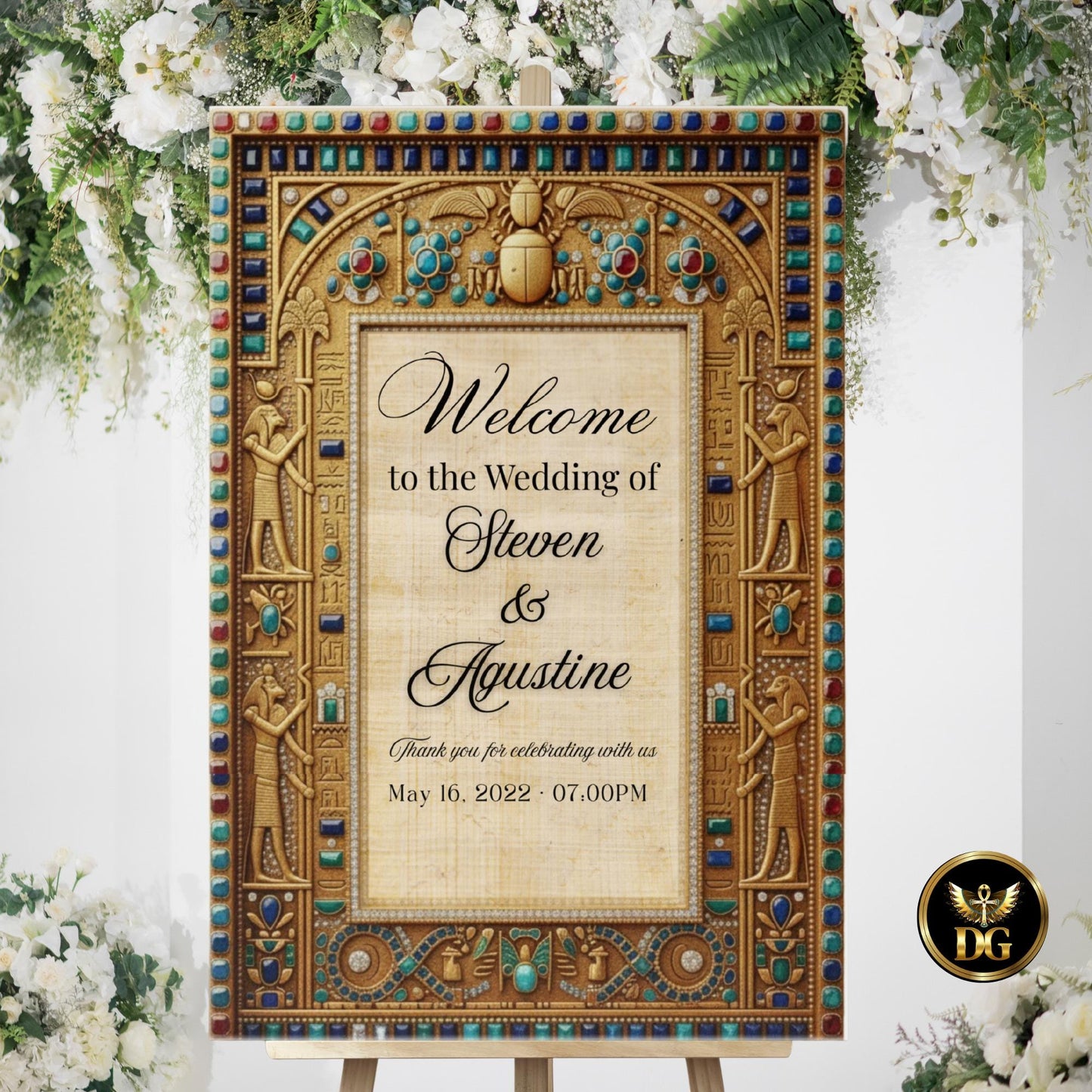 Egyptian Wedding Welcome Sign Template Pharaoh Theme Hieroglyphs Gold Royal Bandal Printable Instant Download Canva Matching wedding budle
