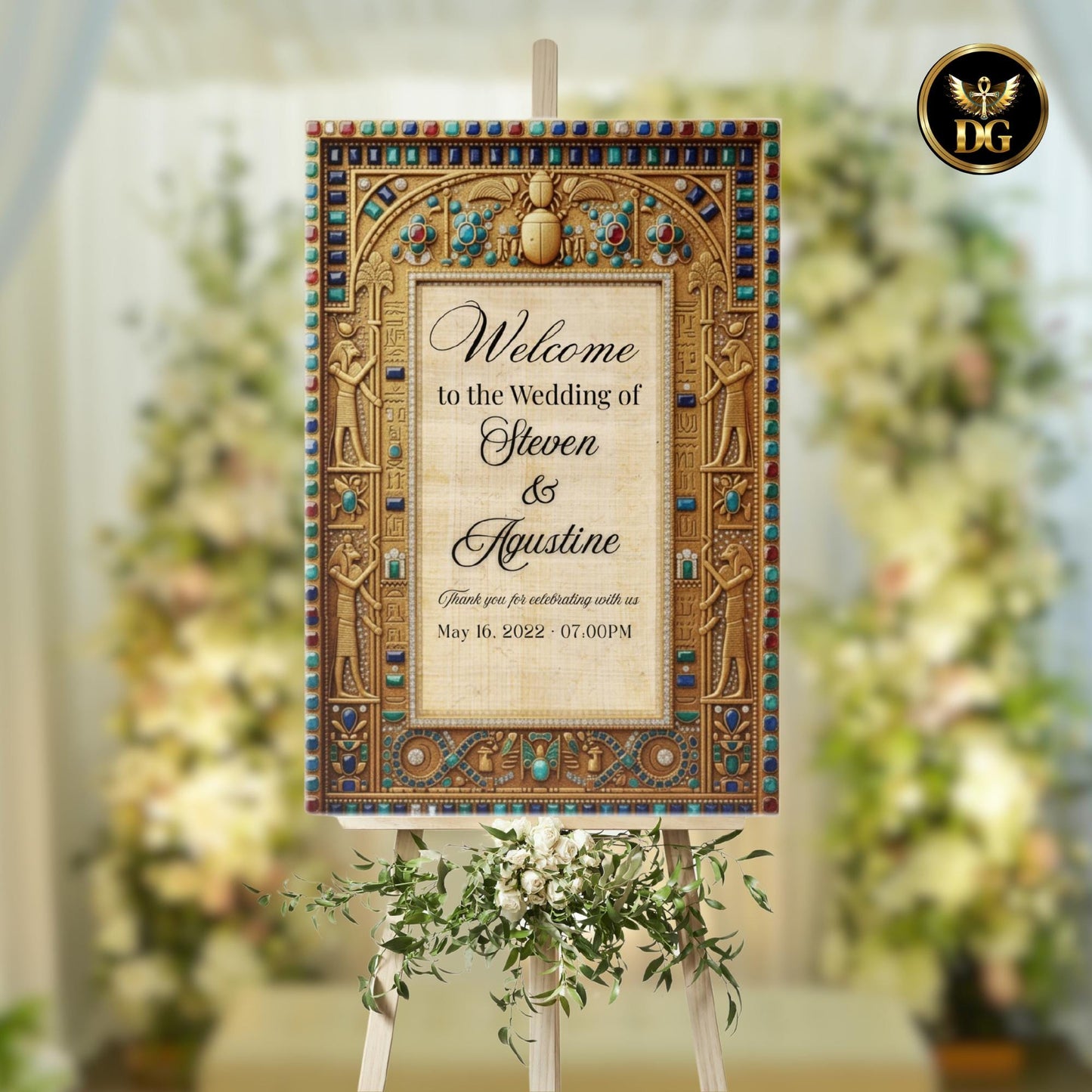 Egyptian Wedding Welcome Sign Template Pharaoh Theme Hieroglyphs Gold Royal Bandal Printable Instant Download Canva Matching wedding budle