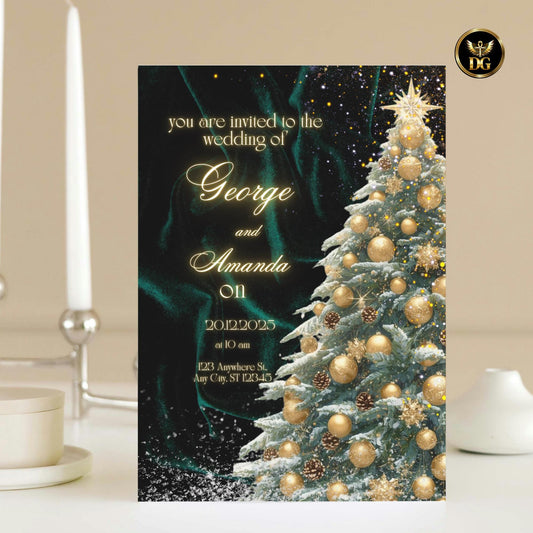 Emerald Velvet & Gold Christmas Tree Wedding Invitation Luxury Winter Canva Template – Magical Holiday Elegance!