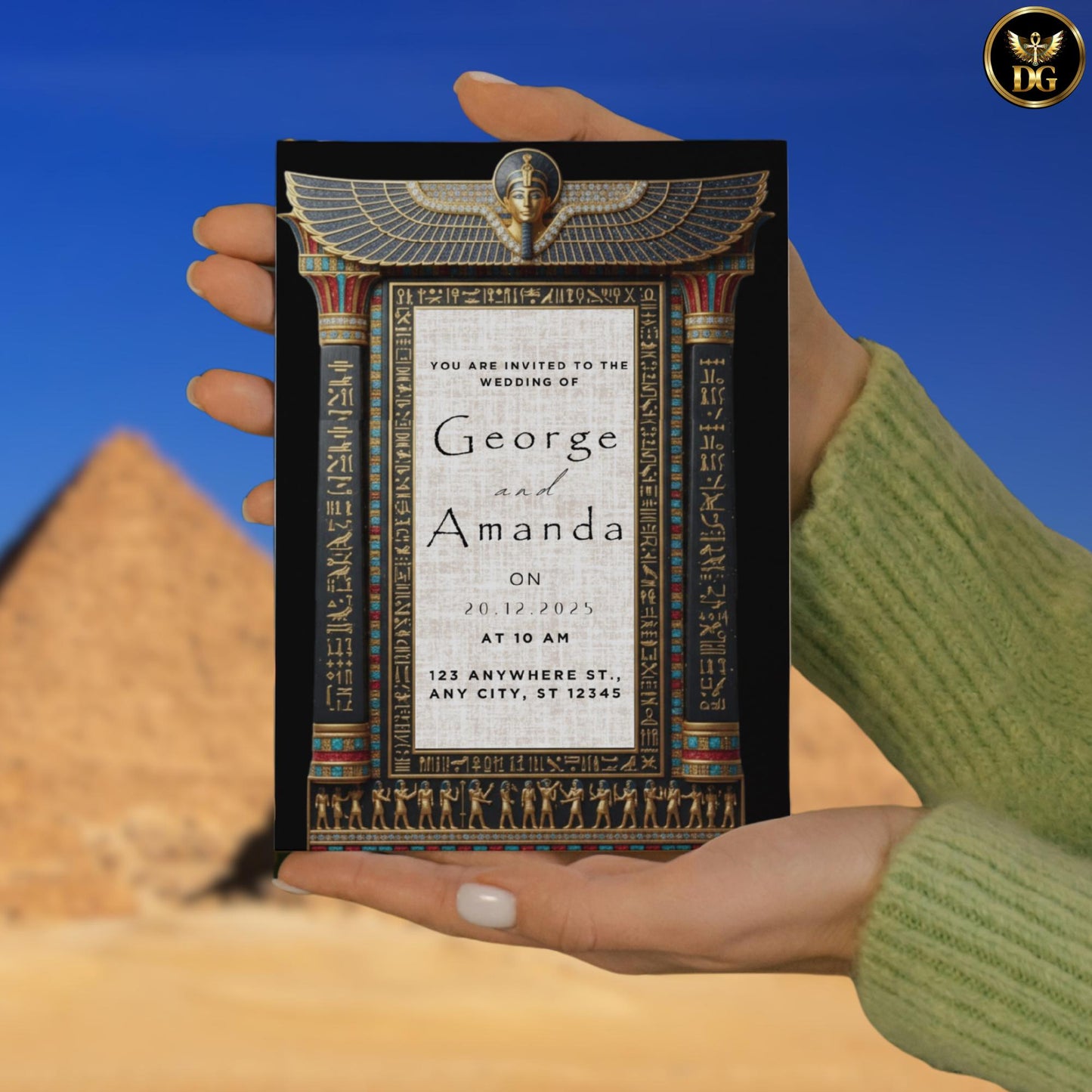 Majestic Black & Gold Egyptian Wedding Invitation Suite with Hieroglyphics, Nefertiti Wings — Pharaoh-Themed Luxury Bandal
