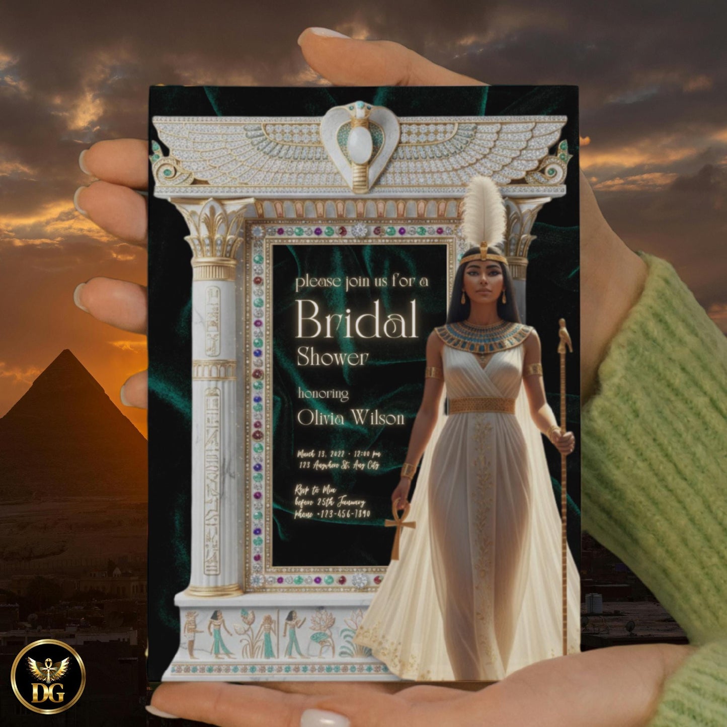 Ivory & Gold Egyptian Bridal Shower Invitation Suite Featuring Goddess Ma'at with Ankh Feather - Jeweled Bandal Shower Digital Templates