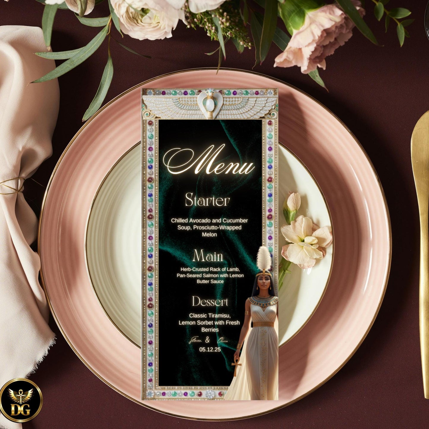 Ivory & Gold Egyptian Bridal Shower Invitation Suite Featuring Goddess Ma'at with Ankh Feather - Jeweled Bandal Shower Digital Templates