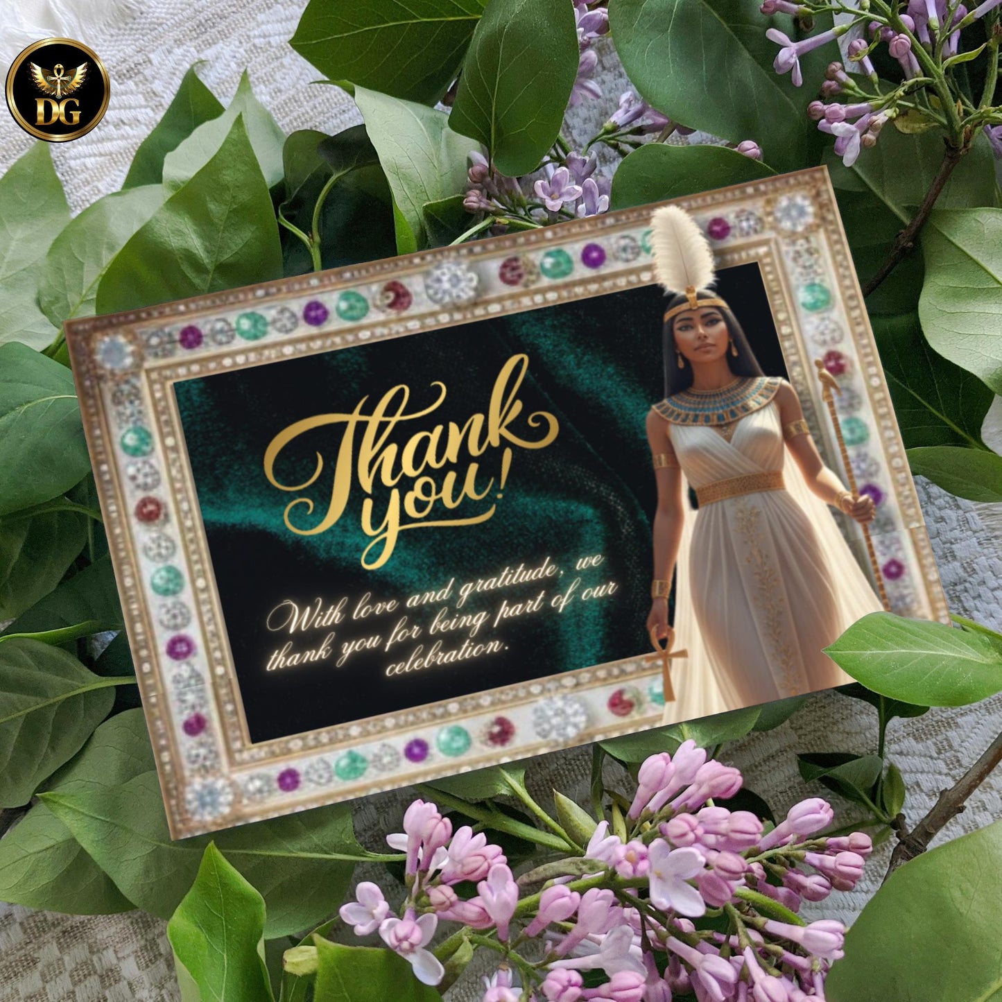 Ivory & Gold Egyptian Bridal Shower Invitation Suite Featuring Goddess Ma'at with Ankh Feather - Jeweled Bandal Shower Digital Templates