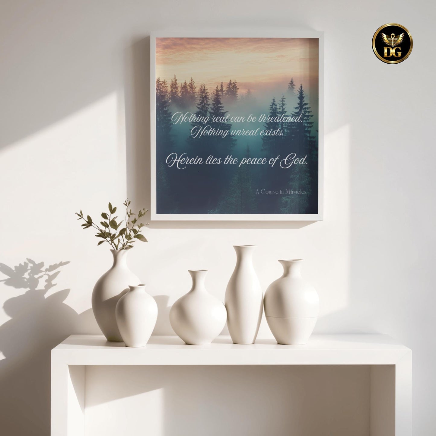 A Course in Miracles Quote Print | 5 Sizes | Nothing Real Can Be Threatened | Spiritual Wall Art Misty Forest Sunset Poster Digital Download
